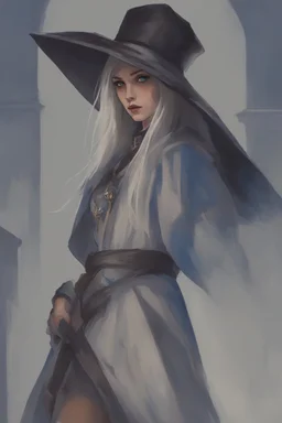 Woman from the dnd game curse of Strahd. She is a twilight cleric wearing dark grey robes. She has white hair and blue eyes.