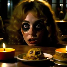 Spooky, ultra realistic distress, dining, ultra realistic hot woman, nose, giant eye on a table, organic hot bondes, dynamic, anguish, excited and lively scene, hypermaximalist figures, Creepy the Ring Alfred Hitchcock, Sam Raimi, insanely detailed, sinister, John Carpenter, Dario Argento, ornate