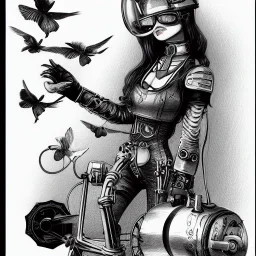 great illustrator, spanish, pencil sketch of a cute girl, beautiful, steampunk syle, black and white. Helmet with tubes. glasses. Machinery in the background. robotic bird flying. High details.