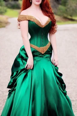 Busty princess full body with long auburn hair green eyes wearing a big dark teal green and gold satin ballgown corset off shoulder top at night