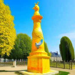 A yellow shining tower with a dove statue designed in painted by Georges Seurat