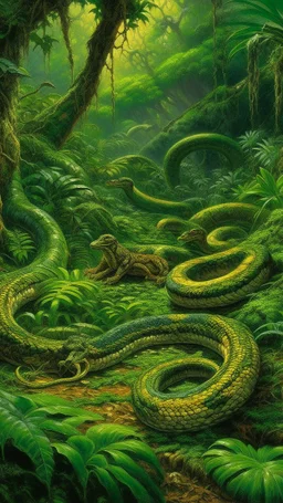 A rainforest filled with vipers painted by Frank Wilson