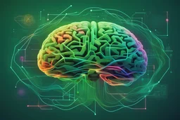 a stylized brain morphing into geometric shapes, intertwined with graphs depicting data flow, against a backdrop of vibrant green hues representing growth and sustainability