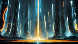 tron legacy movie, creatures,, space ships, city of the future, trees , forest, yellow, blue, red, orange