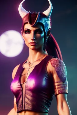 Athlethic Young tiefling woman, futuristic fantasy assassin character, portrait from waist up, intricate eyeliner, vibrant eyeshadow, clear completion, soft lighting, 4k resolution, intricate details, insanely detailed, white tank top, vibrant Japanese style tattoo sleeve, colorful cityscape background, masterpiece, expert, cinematic smooth, retroanime style, realistic details