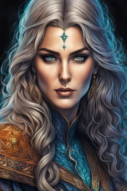 colored etching of an epic fantasy medieval female sorceress , with highly detailed facial features ,in the style Ann Chernow, with a fine art aesthetic, highly detailed , realistic , 4k UHD cinegraphic quality