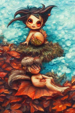 cute tiny ocean demon sitting on a fallen leaf, intricately detailed, photorealistic, oil on canvas, trending on art station, high definition, hdr, cute, beautiful in sunshine