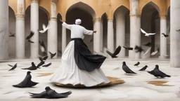 Hyper Realistic Sufi Whirling on stone floor with Black & Golden Islamic Sufi Rustic Grungy Background outside white marble Islamic monument with pigeons flying