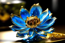 blue crystal lotus flower, in the morning dew, on a glass surface, flowers made of the finest gold threads and translucent glass, tiny gold accents and tiny little glowing incredibly beautiful gemstones, beautifully and intricately detailed, ethereal sparkle, whimsical art by Mschiffer, best quality, glass art, magical holographic glow, ethereal fantasy, hyper detailed