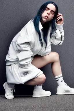 Billie Eilish, kneeling, underpants, white socks, rear view, pale skin, high detail, realistic, 8k, not to be distinguished from a photo