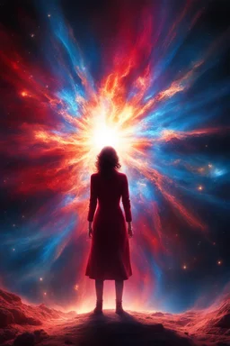 A spectacularly igniting supernova shines brightly amidst the darkness of space, captivatingly watched by an enigmatic man. The explosion of colors and light creates a mesmerizing display in the image, which is most likely a breathtaking digital artwork. The vivid explosion painted in vivid shades of crimson, gold, and electric blue, beautifully contrasts against the woman's shadowed figure, adding a sense of mystery and wonder to the scene. The clarity and detail in this visually stunning com