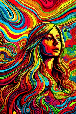 Generate a mesmerizing psychedelic art image featuring a woman as the central subject. Use vibrant, bold, and contrasting colors to create an intense and visually stimulating composition. The woman should be depicted with flowing, surrealistic features, as if her form is melting or morphing into abstract shapes. Her hair and clothing should have dynamic patterns and colors that blend seamlessly into the psychedelic background. Surround the woman with swirling patterns, fractals, and optical il