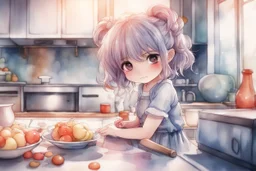 watercolor and ink, cute chibi anime sad girl in the kitchen, ethereal, cinematic postprocessing, bokeh, dof