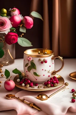 Soft pink roses, white Chinese peony, tiny apple blossom flowers, eucalyptus leaves, twigs of cranberries, twigs of copper pepper berries all arrangement into a cute beautiful flowers arrangement on a pink nickel mug. The mug is sitting on a thick white book with golden cover image design. Sunny, bright image. Ad copy, huge copy space on top of the image, negative space, hd, 8k, blurry dreamy background, beautiful pictures. Product