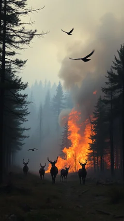 A big fire and smoke in the wood , dears , people and birds are running away from the fire scared