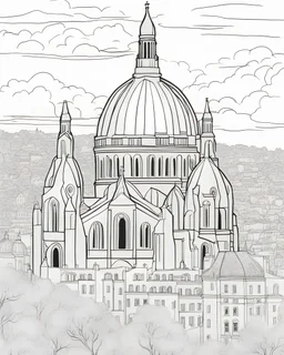 a coloring page, depicting the Sacre Coeur in France, full page, black and white, line art, outline, highly defined lines, with scenery
