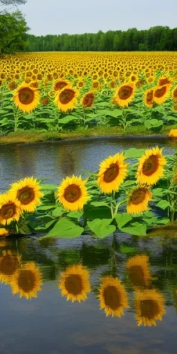 sunflowers, canoe, trees, river