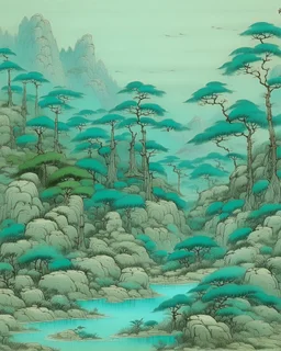 Cyan moorlands near hot springs painted by Qiu Ying