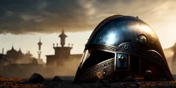 apocalypse, chaotic, magnificent, realistic, colorful, massive, epic, ray tracing, cinematic, 8k, HD, Ultra High Definition, photo film, film grain, hyper-detailed, old ornate rusty Hyper detailed Medieval Knight helmet on ground with visor