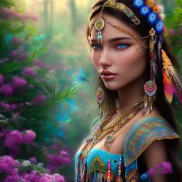 bright native american fairy, beautiful portrait, flowery landscape