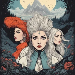 [american gods] three 3 Zorya sisters: Zorya Vechernyaya, Utrennyaya, Polunochnaya (dark magic, danger, stress), comic book style elements. The illustrations are in a square aspect ratio, with a low angle and wide-angle lens effect, blending cartoon, anime, fairy tale, and Herge's tintin styles. The images focus on line art and high contrast, digital concept art piece.