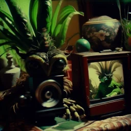 Close-up polaroid of ultra realistic odd monster, part man, part plant, and part animal in a living-room, vivid, ultra realistic, Egon Schiele, hypermaximalist figures, light, Italian 1970's odd movie, hilarious, fine art, Minicavio Quollati style, photography by Marlost Endgulp, dark atmosphere, obsessive, 4k, sharp focus, 3d, photorealism