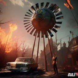 fallout 4 character, huge burning windmill with axes in the streets of cyberpunk city filling up car, gaz station, unreal, spray paint, clay, vox model