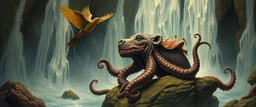 octopus bird witch bear by waterfall looks beyond really powerful, fantasy illustration, in the style of Rembrandt and Escher