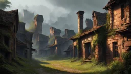 An ancient village decayed with rust and corrosion, detailed ruins, atmospheric lighting, overgrown vegetation, abandoned structures, medieval architecture, cinematic, highly detailed digital painting by Thomas Kinkade and Greg Rutkowski, 8k resolution, moody ambiance, misty background, nature reclaiming the village