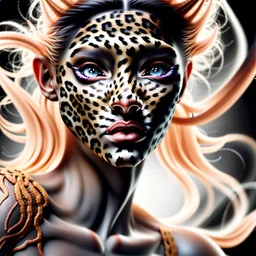 candy leopard, portrayed with the intricate facial features and extremely detailed pupils characteristic of Stefan Gesell's style, blended with the elongated forms and dramatic chiaroscuro reminiscent of El Greco, conveyed through a light painting technique with push processing, incorporating holographic elements for a dreamy, vibrant effect, soft skin texture, clarity achieved, supporting a perfect composition, cinematic atmosphere, delicate detail