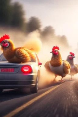 chickens in a car race, high speed, motion blur, smoke, 4k, downlight, soft light, depth of field, photorealism, trending on art station