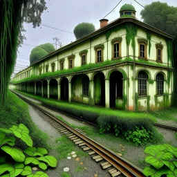 An abandoned haunted train station covered in vines painted by Gustav Klimt