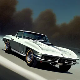 hyperrealism Drawing of '1963 Chevrolet Corvette Sting Ray Coupe', three quarter frontal aerial view, by gaston bussiere, greg rutkowski, yoji shinkawa, yoshitaka amano, tsutomu nihei, donato giancola, tim hildebrandt,oil on canvas, cinematic composition,Sharp detail,extreme detail,fit full head inside picture,16k