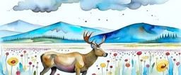 an Elk off-center in a prairie field, canola plants hinted in corners of foreground, realistic fantasy watercolor illustration,