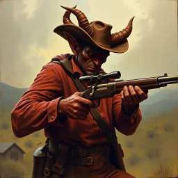 Western devil with a scoped old timey rifle fantasy art