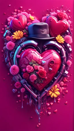 Cyberpunk valentine 3D illustration of heart tshirt design flowers splash tshirt design, advertisement, art, autumn, background, banner, card, cartoon, happy, hat, holiday, illustration, smooth 3d digital art, exquisite thee-dimensional rendering, 4K, blender, c4d, octane render , disney style 3d light, Zbrush sculpt, concept art, Zbrush high detail, pinterest Creature Zbrush HD sculpt, neutral lighting, 8k detail