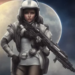 A girl with a beautiful and large military rifle in the galactic space