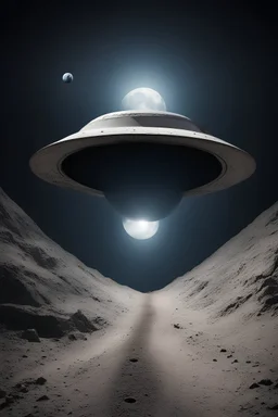 flying saucer comes out from tunel in the moon, planet earth is seen from far