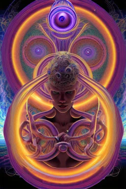 Spiritual being with Tentacles over human Head creating reality around, wrapping Spiral around Human, Psychedelic