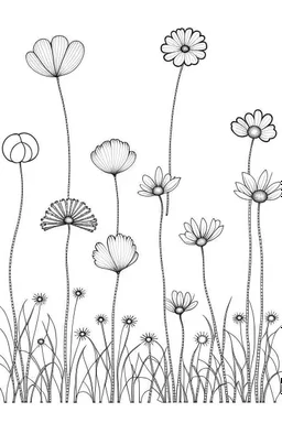 set of growing wind flower on the grace, SIMPLE ONE lineS art, white background, minimalis, different view, only white bakcground solid.