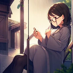 anime girl sitting on a porch swing of an old house, journaling, wearing pajamas, writing in a book, shes watching it rain, more detail on hands and her face,shes deep in her thoughts, wearing glasses, rain drops, she has a pencil in her hand and is writning in the book, she is looking down at what she is writing