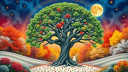 A tree of life in the center with abundant foliage along with views of all seasons, spring, summer, fall, and winter, in a blue, red, yellow, and white color theme and a psychedelic atmosphere.