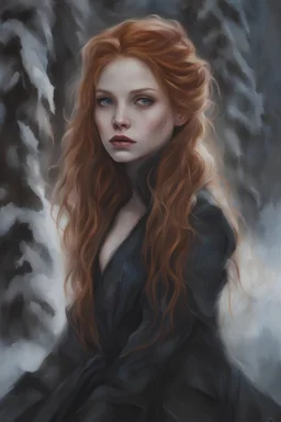 Vampire, eye candy Alexandra "Sasha" Aleksejevna Luss oil paiting style Artgerm Tim Burton, subject is a beautiful long ginger hair female frozen in a snowy forestvampire
