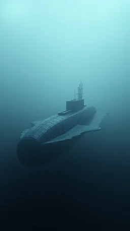 ,surrealism of the dark of a nightmare , hyper photorealistic, hyper detailed bright art color, high resolution, fog, octane render, tilt shift, HDRI Environment, all pictures gray, an American modern submarine under the ocean water
