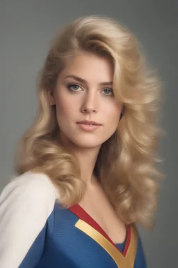 1980's yearbook photo, teenage girl, 18 years old, blonde hair, 80's hairstyle, Supergirl, photorealistic, --ar 9:16 --style raw