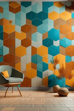 Paint HANDPAINTED WALL MURAL Arrange pentagons like interlocking tiles, creating a visually striking and intricate mosaic effect. Color Palette: Warm terracotta, mustard yellow, and muted teal.
