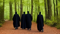 Black robed, hooded monks on the forest path