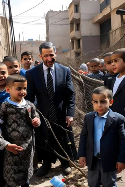 The Saudi Crown Prince, the King of Jordan, and the President of Egypt surround children on a destroyed street with barbed wire