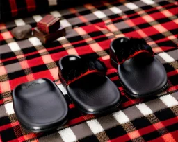 Red plaid slippers on black bearskin rug,log cabin walls, stone fireplace