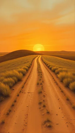 bottom 1/3 is ground, top 2/3 is sky, very dusty dirt path coming over a shallow hill with sunset in the prairies, horizon line is low in the composition, old western, painting based on grainy photo, orange brown tones